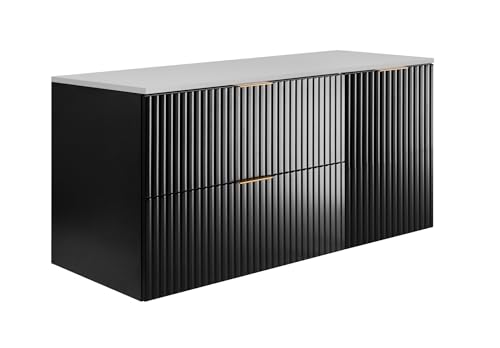 3E 3xE living.com Conjunto de baño: Mueble con cajones y Mueble con Puertas 57×46×120 cm, encimera Negro/Blanco, Tirador Dorado