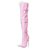 18CM Super High Heel Pink Patent leather Sexy Fetish Buckle Strap Over-Knee Thigh High Boot Stripper Club Pole Dancing Shoes Plus Size 36-46,Pink,15