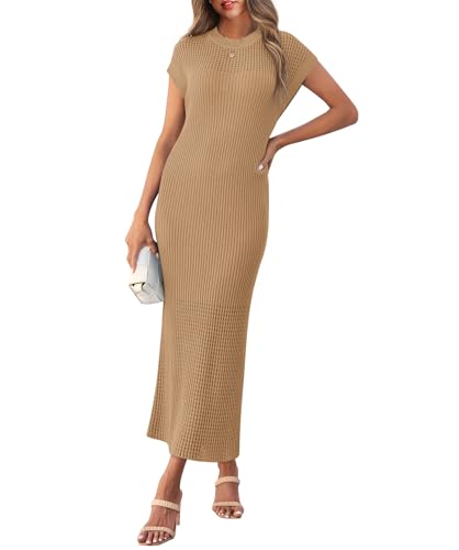 Yousify Womens Ribbed Knit Dress 2025 Trendy Casual Cap Sleeve Cr...