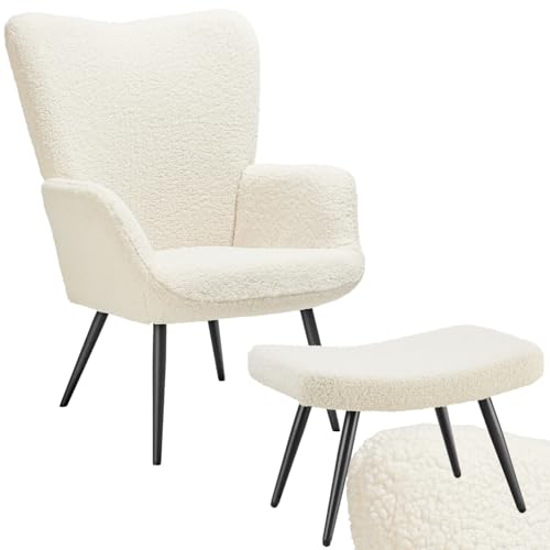 tectake® Skandinavischer Stil Ohrensessel, Sessel Hygge mit Hocker, Breitcordbezug, Sessel Wohnzimmer, Schlafzimmer, Esszimmerstuhl, Statement Loungesessel, belastbar bis 150 kg - Bouclé creme/schwarz