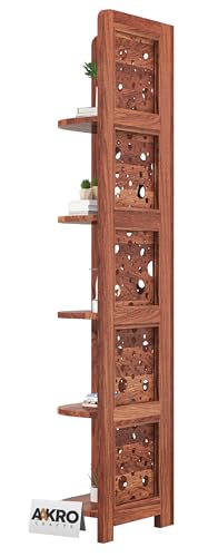 Image of Sheesham Wood Cricle Corner Shelf for Living Room Bedroom Home | CNC 5 Tier Corner Bookshelf | Wooden Ladder Bookcase Display Unit (Honey Finish)
