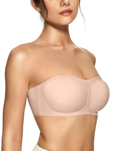 OEAK Womens Strapless Bras Push Up Bandeau Bra Non Slip Wireless Supportive Padded Bras Seamless Comfortable Tube Bra Skin Large