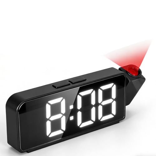 AONAT Reloj Despertador Digital con Proyección, 180° Rotativo Relojes de proyección con Temperatura, 3 Brillos Ajustables, Cargador USB, 12/24H, Reloj Proyector Techo para Dormitorio, Oficina