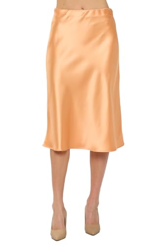 LK Luv Women's High Waist A-Line Elastic Satin Midi Skirt(X-Small,Melon)