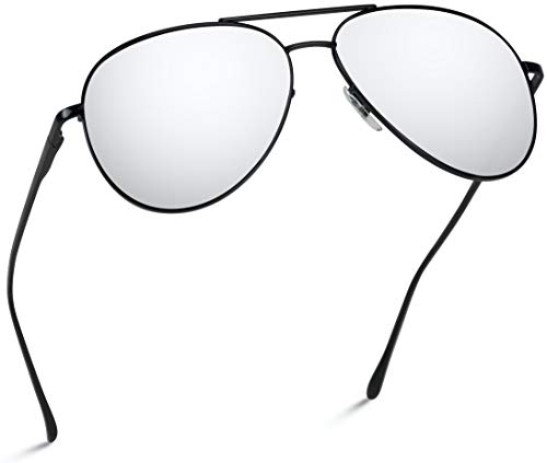Aviator Full Silver Mirror Metal Frame Sunglasses (Black Frame/Mirror Silver Lens, 57)