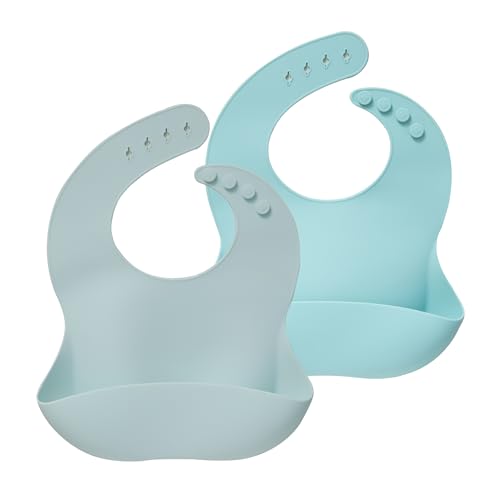 Image of Moonkie Silicone Baby Bibs Set Of 2 | BPA Free Waterproof | Soft Flexible Adjustable Silicone Bibs for Babies & Toddlers(Morning Mist/Blue Sky)