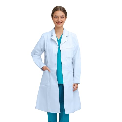 Blouse médicale longue blanche à col cranté et poches pour les professionnels de santé