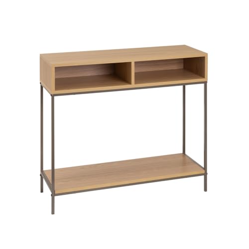 LOLAhome Consola para Recibididor Color Moka y Natural con 2 Huecos de Almacenaje, Mueble Decorativo para Entrada, Salón o Cocina de Madera y Metal de 80x75x30 cm