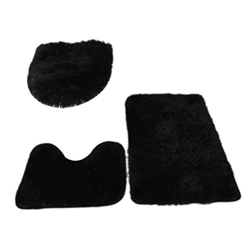 Newin Star 3-teiliges Badezimmerteppich-Set mit Badevorleger, Konturmatte und Toilettendeckelbezug, superweiche Mikrofaser und Rutschfester Badevorleger mit Gummi-Rückseite, solide (schwarz) Cover