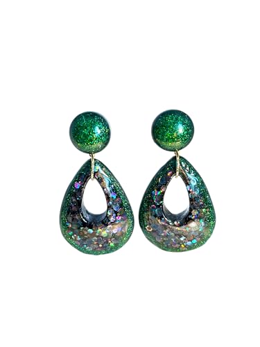 Boucles d’Oreilles Clips Femme Résine Pailletée Vert Émeraude – Création Fait Main Joia Bijoux
