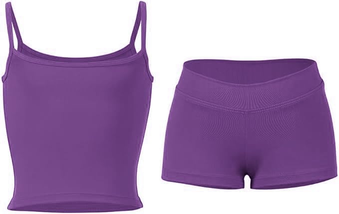 Dancecore Girls Activewear Set - Camisole Top & Shorts for Dance Gymnastics Yoga (Purple)(12-14)