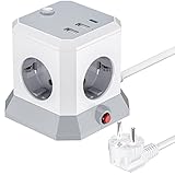 Uno para todos: regleta de alimentación 7 en 1 con cubo USB C con 4 enchufes de CA en diferentes direcciones y 3 puertos USB que pueden cargar 7 dispositivos al mismo tiempo sin ningún bloque, como computadora, TV, lámpara, impresora, computadora portátil, altavoz Bluetooth etc. Ideal para uso diario o de viaje. Tenga en cuenta que la carga combinada del aparato eléctrico debe ser inferior a 2500 W para mejorar la seguridad.