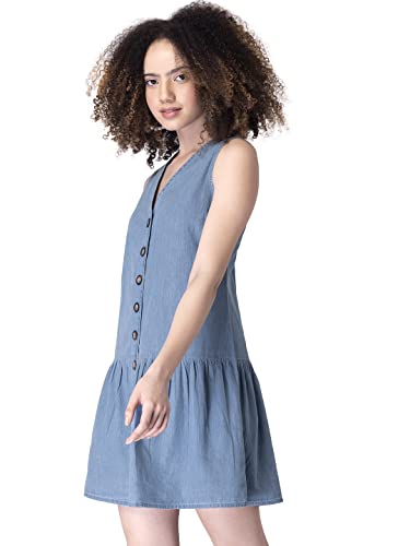 Image of FabAlley Women's Denim Blue Sleeveless Button Down Dress Mini