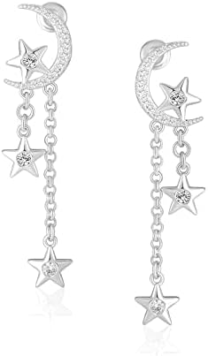 MESOVOR Moon Star Dangle Earrings, 16K Gold Plated Drop Tassel | Sparkling Zirconia Asymmetrical Earrings for Women Girls (Symmetrical Stars-Silver)