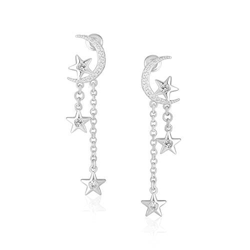 Mesovor Moon Star Dangle Earrings, 16K Gold Plated Drop Tassel | Sparkling Zirconia Asymmetrical Earrings For Women Girls (Symmetrical Stars-Silver) #TOP2