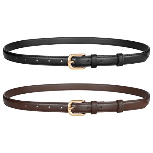 JASGOOD 2 Pack Women Skinny Belt with Gold Buckle Fashion Faux Leather Thin Belt for Jeans Pants Black+Dark Brown