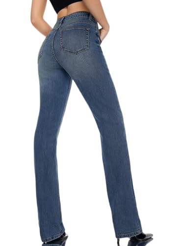 BlueMoment Straight Leg Jeans for Women High Rise Stretchy Slim Fit Jeans Soft Trendy Boyfriend Raw Hem Jean Casual Mid Blue3