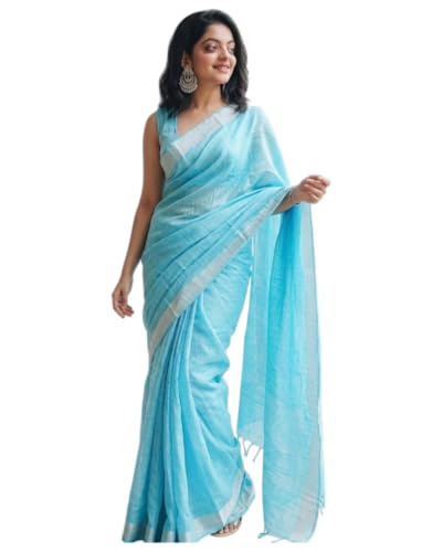 Image of STB-SILK TEXTILES BHAGALPUR Women's Bhagalpuri Linen Saree With Blouse Piece