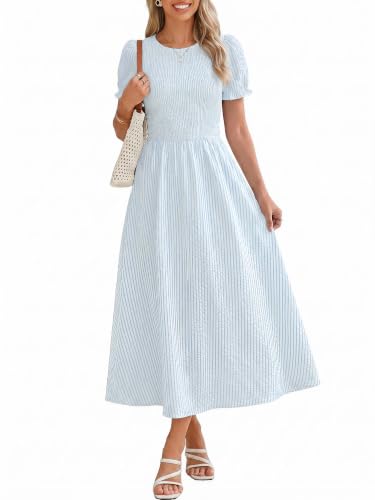 Simplee Womens Summer Casual Midi Dress Striped Smocked Puff Sleeve High Waist A Line Boho Beach Vacation Dresses with Pockets Light Blue M