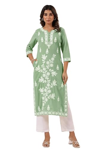 Image of Janasya Women's Pure Cotton Embroidered Straight Kurta