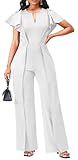 Elegant White Jumpsuits for Women Work Dressy Sexy Formal Short Sleeve Long Straight Pants Wedding Guest Jumpsuit with Zipper(2X-Large)