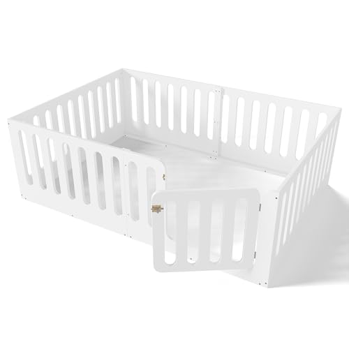 Image of Bellemave Full Size Kids Montessori Floor Bed,Full Size Floor Bed Frame with High Fence and Door,Solid Wood Montessori Bed for Girls Boys,White