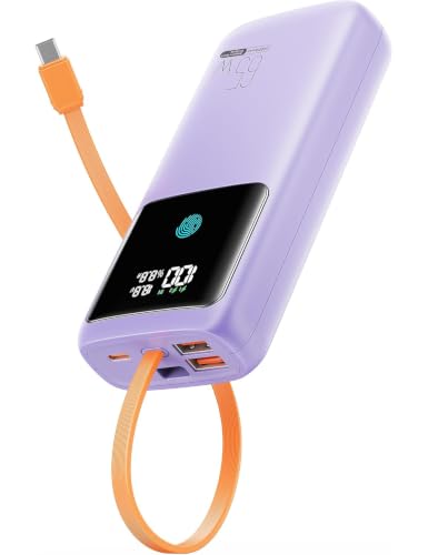 Image of Portable Laptop Charger 24000mAh 65W w /USB C Built-in Cable Purple | 65W Fast charging, LED display, Charge 4 devices at once, Pass through, TSA approved, Compatible with Macbook /Notebook /iPhone