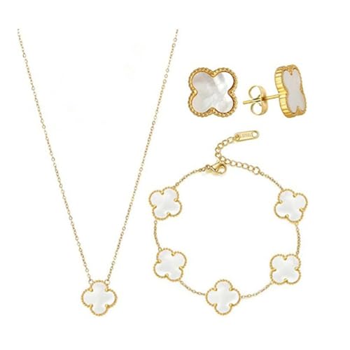 TOFBS Vierblättriges Kleeblatt Schmuckset für Damen und Mädchen 18K Roségold Plattiert Edelstahl Zweiseitig Weiß Schwarz Anhänger Halskette Ohrstecker Armband Emaille Schmuck Set (Weiß)