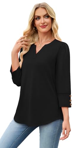 WIHOLL 3/4 Length Sleeve Womens Tops with Button Cuffs Dressy Casual V Neck Summer Outfits Early Fall Fashion Clothes 20254