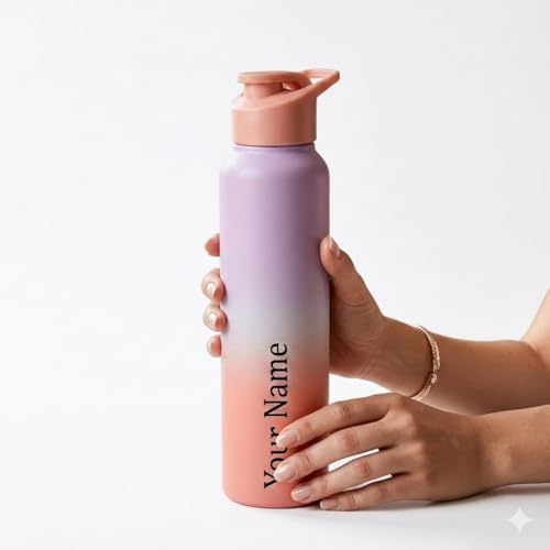 Image of Your Name Personalized Stainless Steel Sports Water Bottle Double Colour Steel Bottle Pink BLUE, Corporate Gift (Dual Shade) (PINK BLUE)