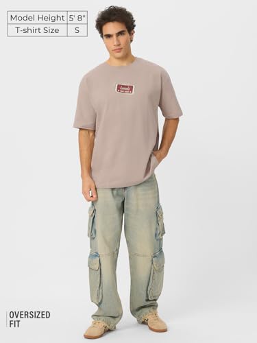 Image of The Souled Store IT: Derrys Calling Men and Boys Short Sleeves Round Neck Beige Graphic Printed Cotton Oversized T-Shirts