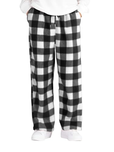 ZAFUL Men's Plaid Print Casual Pants Loose Fit Straight Plush Pajama Pants Fleece Sweatpants Drawstring Waist Lounge Joggers