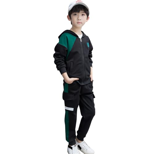 linboo Jungen Trainingsanzug Sport Set 2tlg Jogginganzug Freizeitanzug Sweat-jacke mit Kapuze + Sporthose Sport Anzug für Kinder, Grün, 134-140(Herstellergröße: 140)