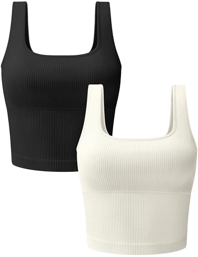 Image of OLCHEE Womens 3 Pack Crop Tank Tops Basic Seamless Ribbed Sleeveless Square Neck Workout Top Summer Exercise Yoga Gym Shirts
