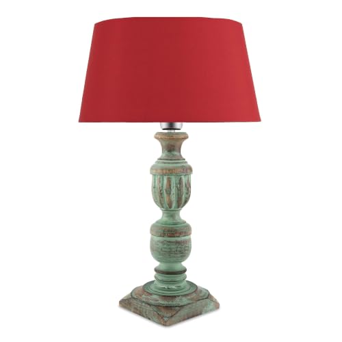 Image of Homesake Handcrafted Wooden Table Lamp for Living Room & Bedroom | Bedside Table Lamp with Fabric Shade|Included Bulb|Rustic Algae French Trophy Wood, Decorative Night Lamp for Home Decor, Red