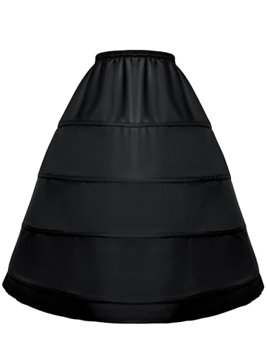 Vlazom Damen Petticoat Unterrock Lang A-Linie 4 Reifen Verstellbare Reifrock für Brautkleider Abschlussball Abendkleider Cosplay Schwarz