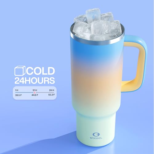 Image of ENCOOL 40 oz Tumbler with Handle and Straw: Stainless Steel Insulated Tumbler Keeps Cold for 24 Hours, Leakproof Travel Cup Fits in Cup Holder and BPA-Free, Sunny Breeze