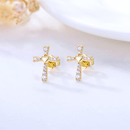14k Gold Cross Stud Earrings for Women, 14kt Cubic Zirconia Religious Jewelry Confirmation Gifts for Her2