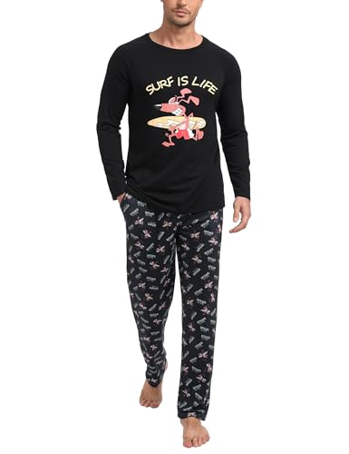 Jahetuul Pijama Largo Hombre Algodón con Cuello Redondo Pijama Invierno Hombre de Algodón con Estampado Conjuntos de Pijamas Largo Hombre