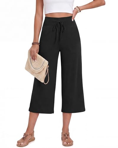 Image of ZOOSIXX Soft Black Pajama Pants for Women, Wide Leg Pants Woman Flowy Comfy Casual Lounge Yoga Capri Pants 22 inch / 30 inch