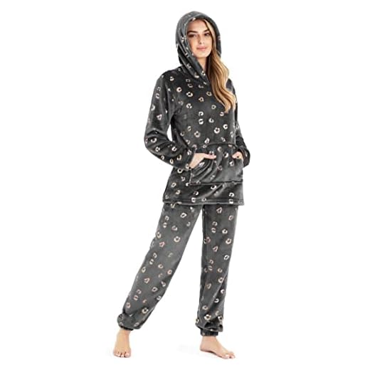 Pijama Mujer, Pijama Mujer Invierno de Forro Polar Elegante Dos Piezas con Capucha S-XL (Gris/Rosa Oro, L)
