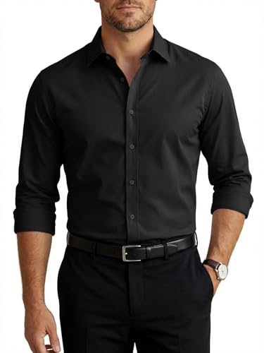 Runcati Herren Hemd Langarm Stretch Herrenhemden Regular Fit Bügelleicht Businesshemd Leicht Wasserabweisend Anzughemd für Freizeit Hochzeit Schwarz L