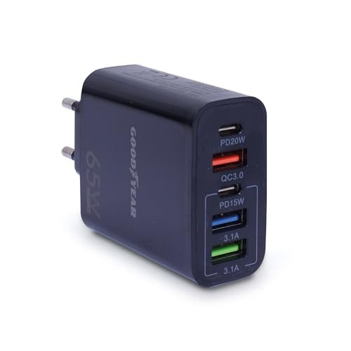 Goodyear Caricatore Telefono 220V 5 Porte: 3 USB + 2 USB-C, 65W, Caricabatterie da Muro per Smartphone, Tablet, Pc, Power Bank, ECC.