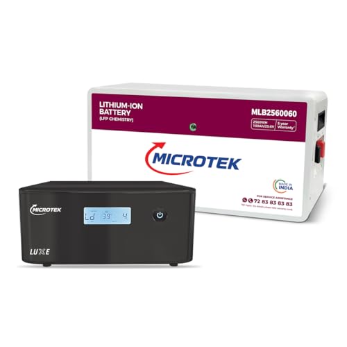 Image of Microtek Combo - Luxe 1900 Pure Sine Wave Inverter /UPS 1650VA 24V + 25.6V 100Ah LiFePO4 Battery (2.56kWh) | BMS Protected | Fast Charge | Long Life 3500+ Cycles Backup | Home /Office Backup