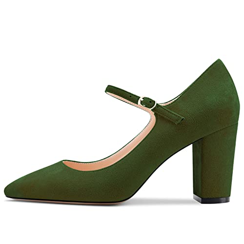 Aachcol Women Mary Jane Pumps Pointed Toe Ankle Strap Chunky Block Mid Heel Dress Shoes Suede Wedding Shopping 3 Inch2