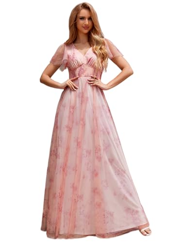 Ever-Pretty Vestido De Ceremonia Floral para Mujer Largo Cuello En V Mangas Cortas Tul Vestido Casual De Playa Rosado 36