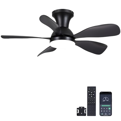 NKPU 33Inch Black Low Profile Ceiling Fans with Lights and Remote/APP Control Reversible DC Motor 6 Speeds Modern Flush Mount Ceiling Fan with 5 Blades for Outdoor Patio Small Room Bedroom