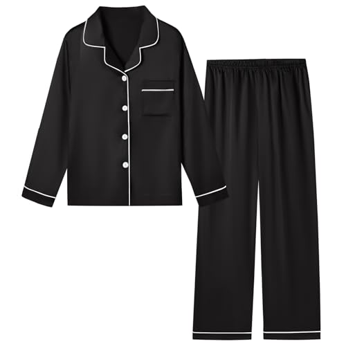 Image of Schbbbta Girls & Women Satin Pajamas Set, 2Piece Silk Nightwear Button-Down Sleepwear for Teen Kids, 3 Years - Women XXL