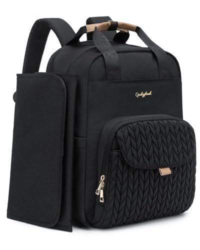 Qualyphant Extra Large Diaper Bag Backpack for Two Kids Twins - Expandable (26-36L) Baby Bag for Mom Girls Boys, Dual Big Compartments - Includes Changing Pad & Stroller Straps, Black, Quilted
