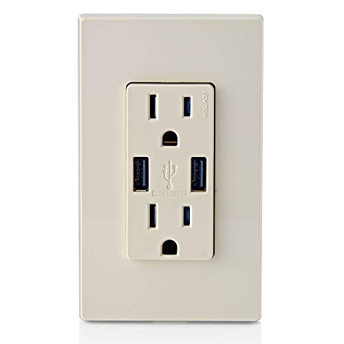 Image of Leviton T5632-T Type-A USB in-Wall Charger with 15A Tamper-Resistant Outlet, USB Charger for Smartphones, Light Almond